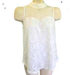 EVE&MADDIE Sleeveless Lined Lace High Collar Top Keyhole‎ Back White Size Medium
